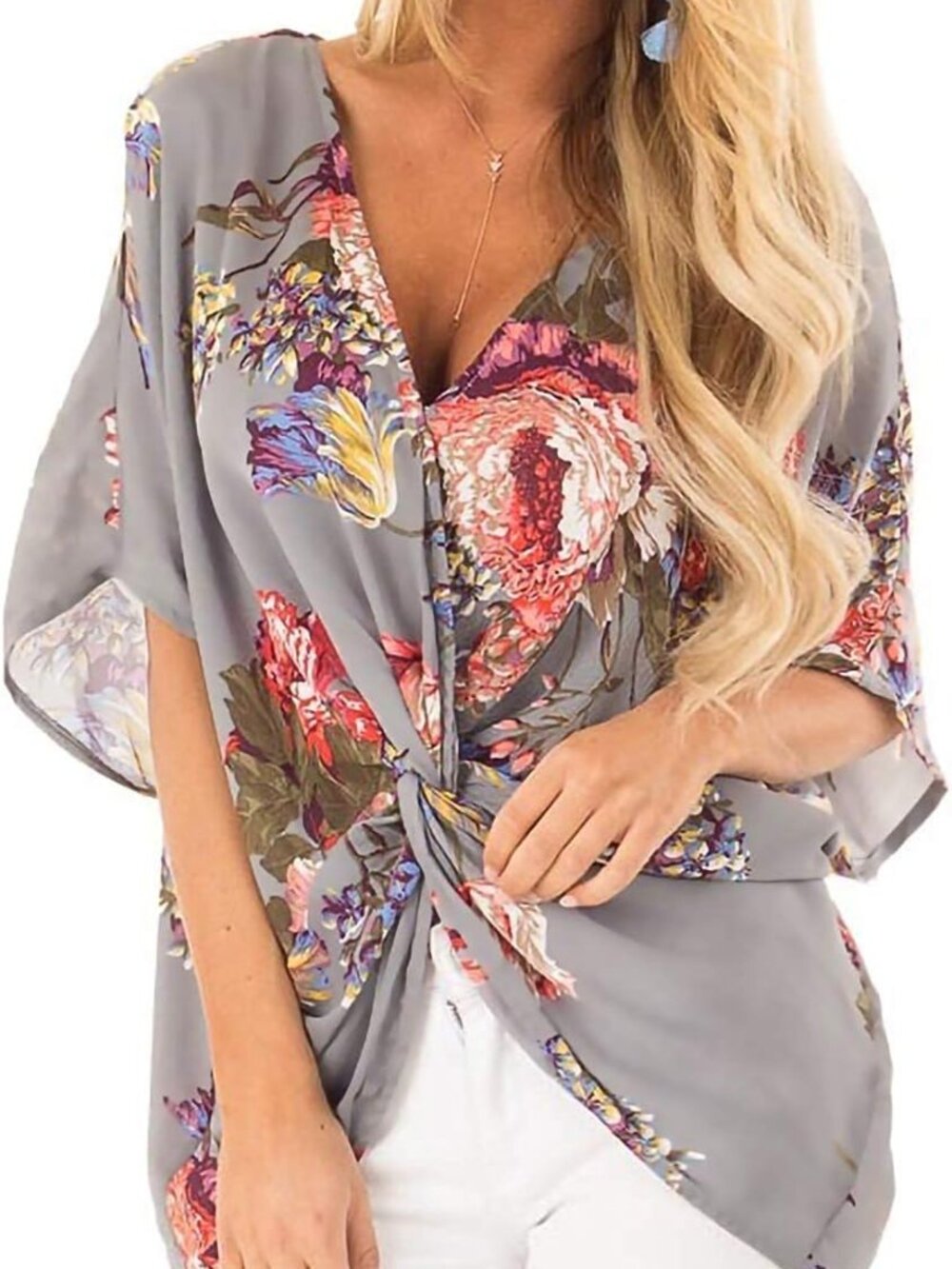UMGEE Kimono Blouse Womens Small Gray Floral Twist V Neck Draped Top Oversized